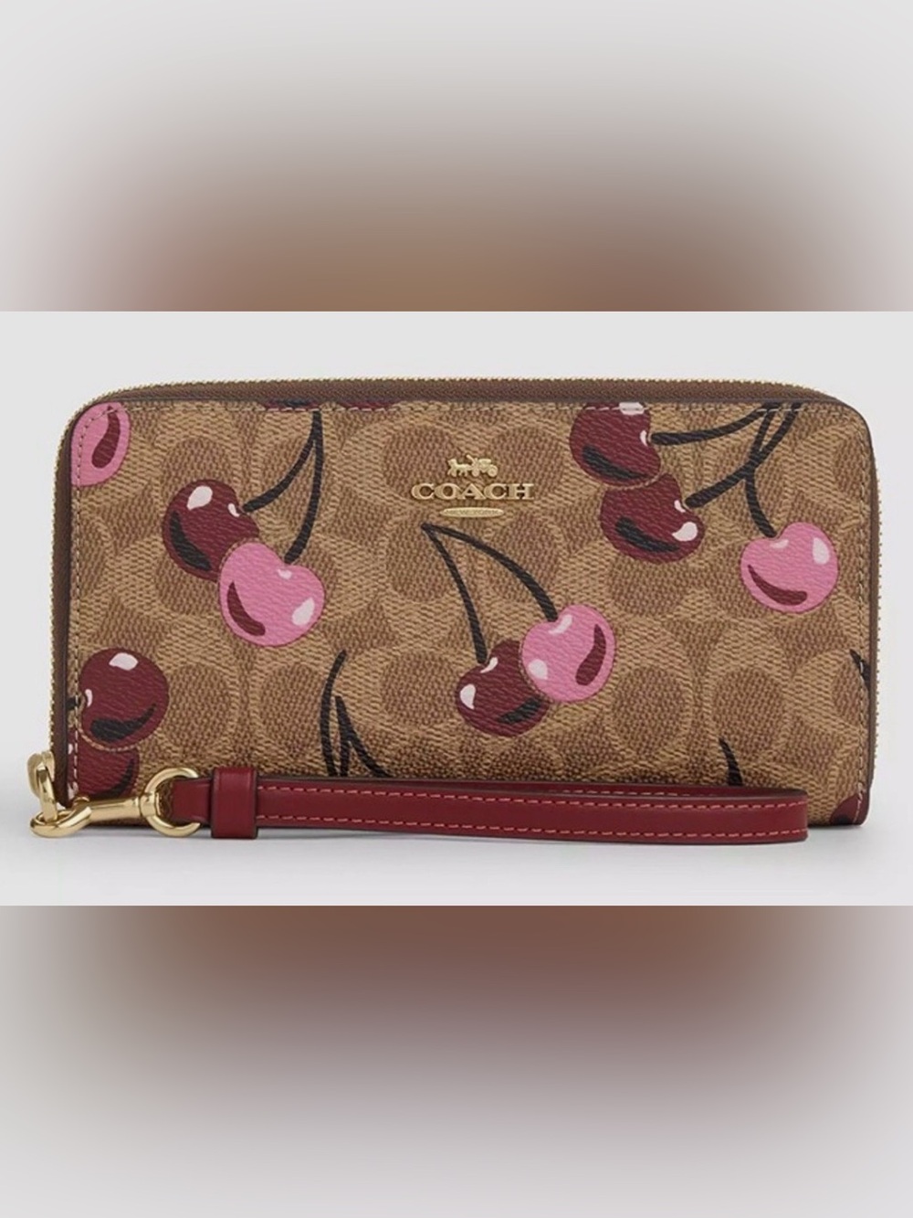NWT Coach Long Zip Around Wallet In Signature Canvas With Cherry Print